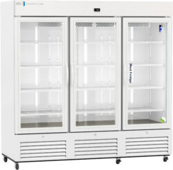 A large, white, three-door medical refrigerator with glass doors and multiple empty wire shelves. The interior is brightly lit, and the unit is on wheels. The control panel is at the top, and vents are at the bottom. Med Fridge is labeled on the right door.