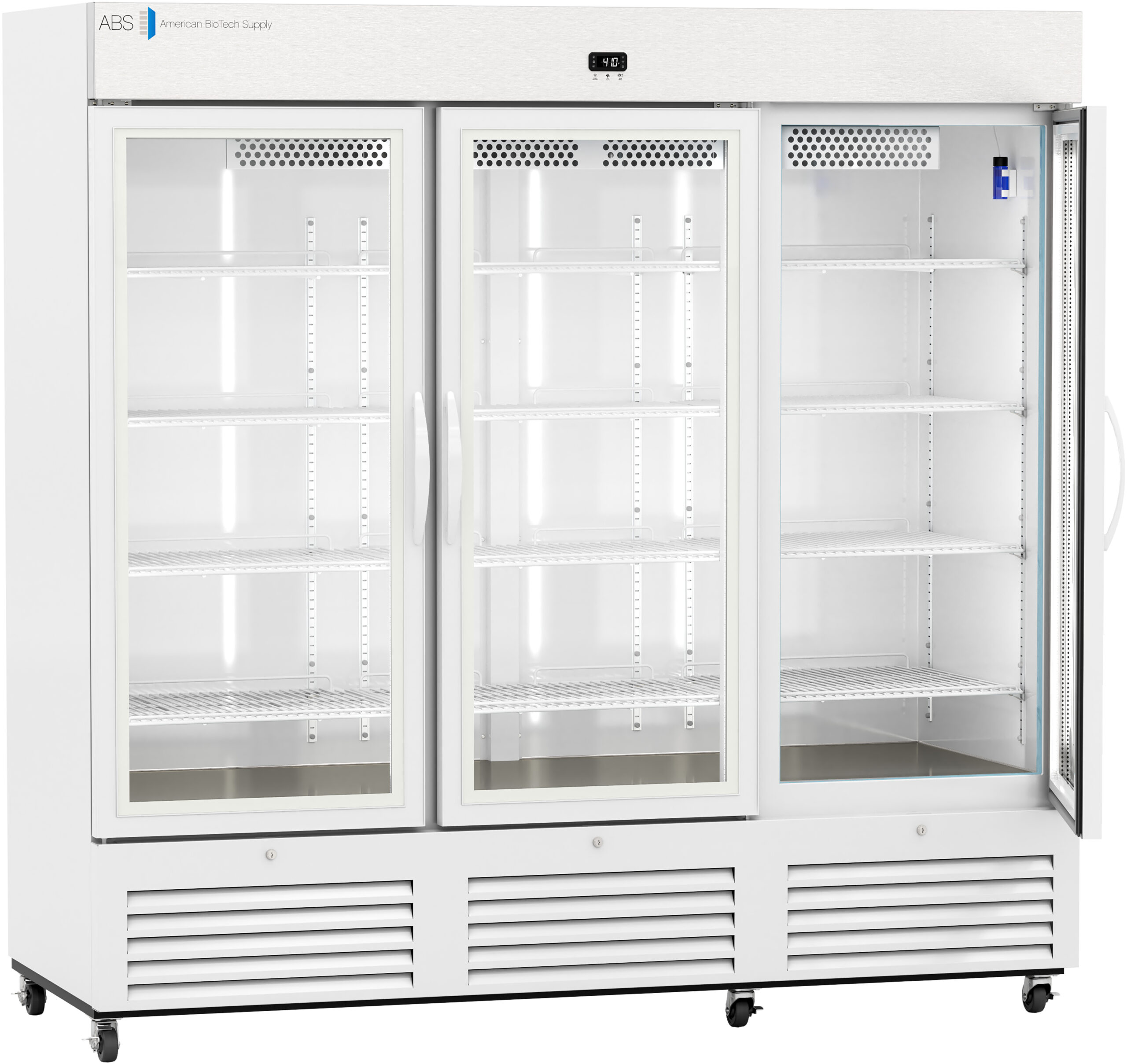 A large, three-door commercial refrigerator with glass doors and white exterior. Inside, it has multiple adjustable wire shelves and bright interior lighting. The digital temperature display is above the doors, and ventilation panels are located at the bottom.