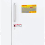 A tall, white laboratory freezer with a vertical handle on the left door. Warning labels, including a yellow “KEEP FIRE AWAY” sign, are displayed on the door. The lower section has vent slats and a small control panel. Brand ABS is at the top.