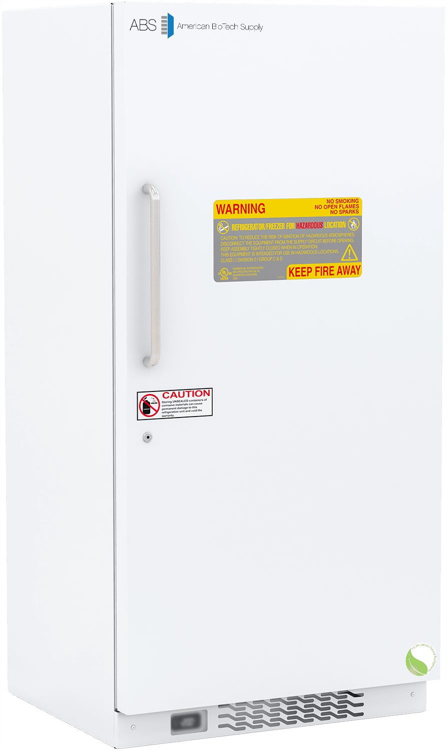 A tall, white laboratory freezer with a vertical handle on the left door. Warning labels, including a yellow “KEEP FIRE AWAY” sign, are displayed on the door. The lower section has vent slats and a small control panel. Brand ABS is at the top.