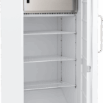A white, upright refrigerator with an open door revealing three adjustable wire shelves, an empty interior, a vent at the bottom, and a silver compartment at the top. The inner door is plain with a long vertical handle.