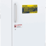 A white, upright laboratory freezer labeled ABS American Biotech Supply. The door has a vertical handle, multiple warning labels including Flammable Material Storage and caution symbols, and a vent at the bottom. The design is clean and industrial.