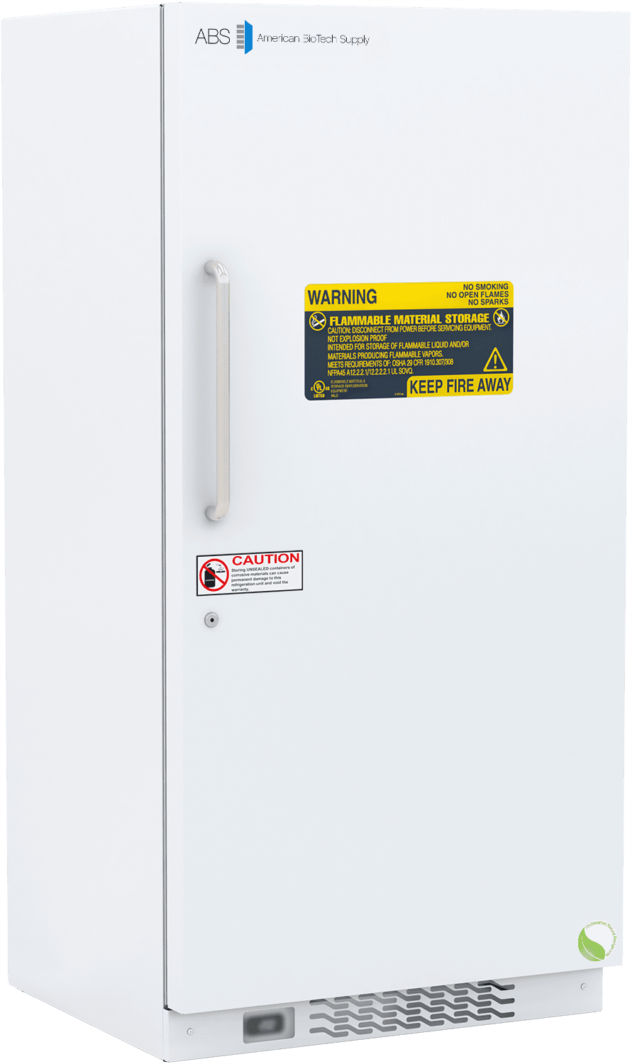 A white, upright laboratory freezer labeled ABS American Biotech Supply. The door has a vertical handle, multiple warning labels including Flammable Material Storage and caution symbols, and a vent at the bottom. The design is clean and industrial.