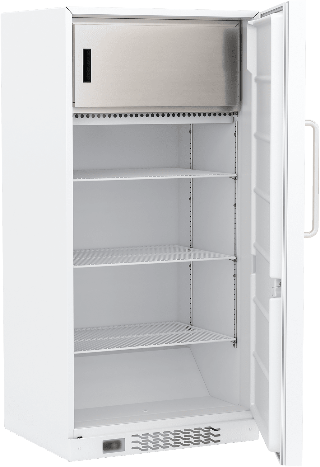 A white upright refrigerator with its door open, revealing three empty wire shelves, a stainless steel compartment at the top, and a white handle on the door. The interior is clean and well-lit, showing the vent at the bottom front of the unit.