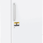 A tall, white laboratory freezer with a vertical handle on the left, a small caution sticker on the door, a digital display and vent at the bottom, and “ABS American BioTech Supply” branding at the top. The background is plain white.
