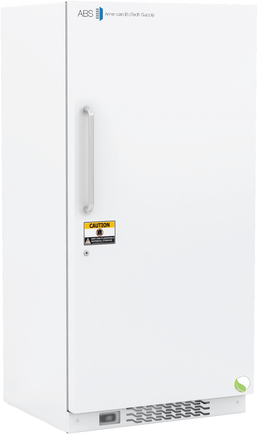A tall, white laboratory freezer with a vertical handle on the left, a small caution sticker on the door, a digital display and vent at the bottom, and “ABS American BioTech Supply” branding at the top. The background is plain white.