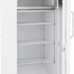 A tall, white, single-door refrigerator with the door open, revealing four empty wire shelves inside. The interior and exterior are plain and clean, and the handle is mounted vertically on the right side of the door. The fridge is well-lit and unused.