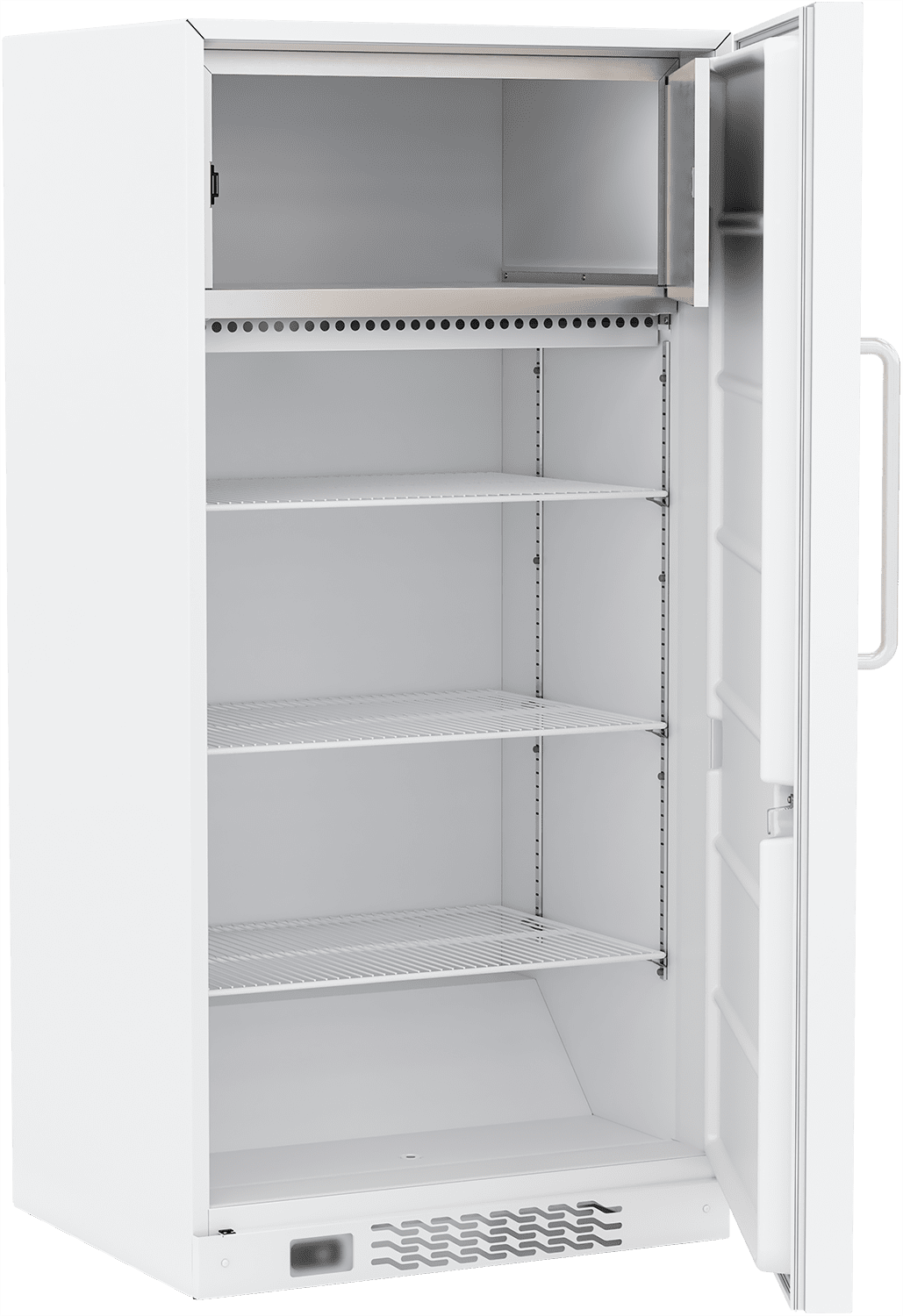 A tall, white, single-door refrigerator with the door open, revealing four empty wire shelves inside. The interior and exterior are plain and clean, and the handle is mounted vertically on the right side of the door. The fridge is well-lit and unused.