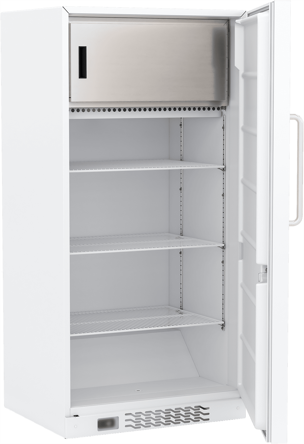 A tall, white, upright freezer with its door open, revealing three adjustable wire shelves, a bottom compartment, and a large metallic cooling unit at the top. The interior is empty and clean, with a handle on the door’s right side.