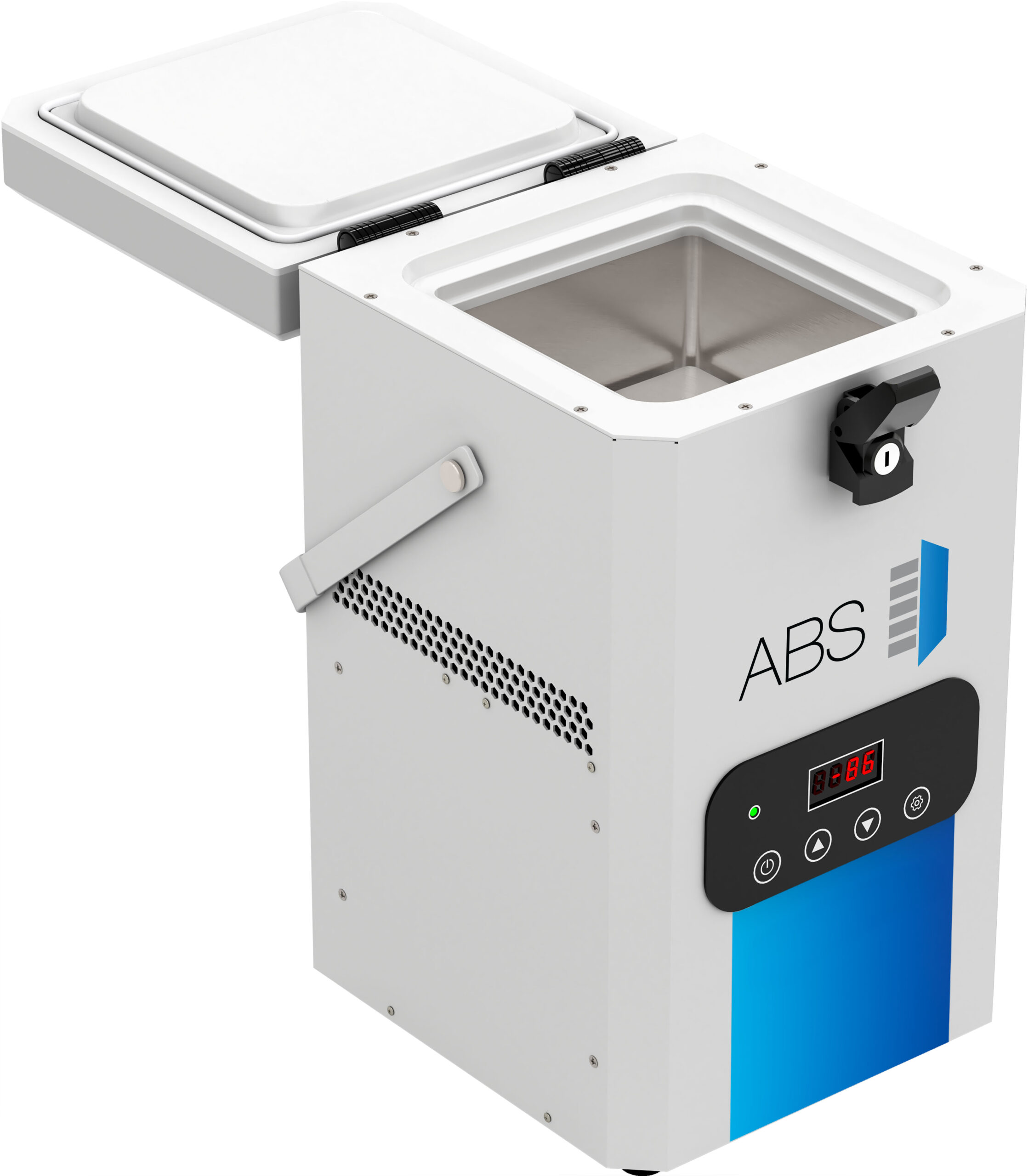 A white, box-shaped laboratory freezer with a digital display reading 6.5°C, labeled “ABS.” The lid is open, revealing a metal interior. The front panel has buttons and indicator lights, and the side features a handle and ventilation holes.