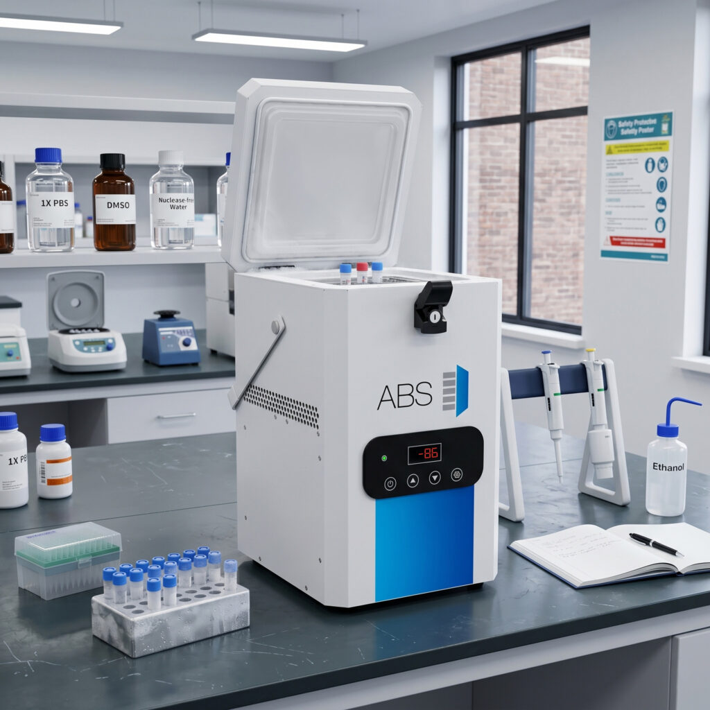 A laboratory scene with an open ABS-branded ultra low freezer displaying –86°C on its digital screen. Labeled vials, pipettes, bottles, and a notebook rest on a gray bench, with safety posters and windows in the background.