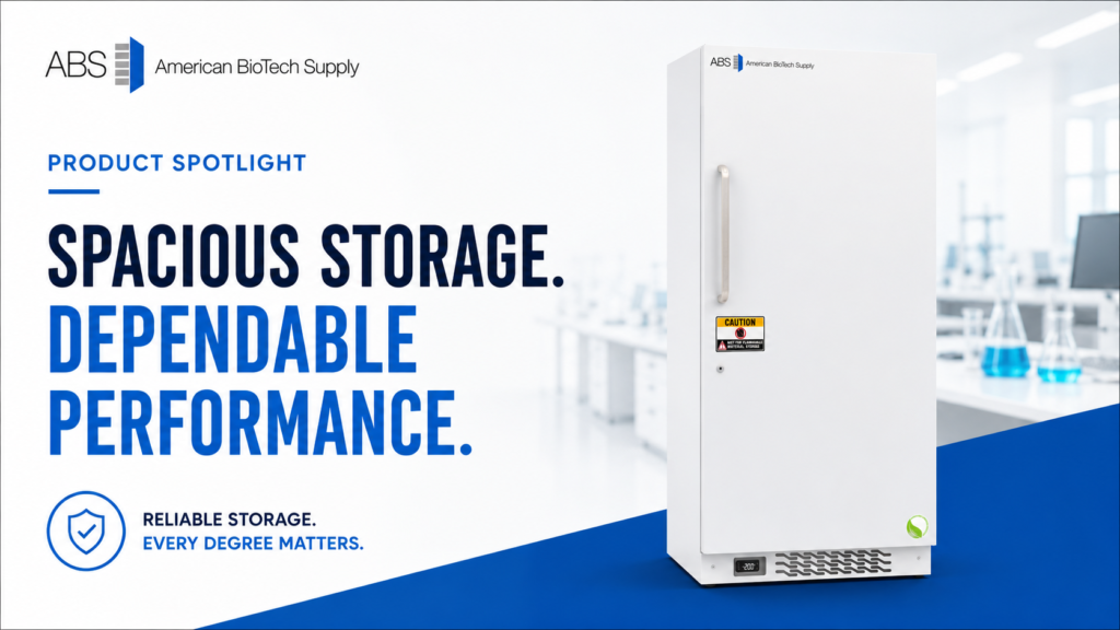 An upright white medical freezer stands in a bright lab. Blue text reads, Spacious Storage. Dependable Performance. ABS logo and “American BioTech Supply” are present. Features a 30 cu. ft. laboratory freezer.