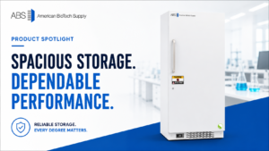 An upright white medical freezer stands in a bright lab. Blue text reads, Spacious Storage. Dependable Performance. ABS logo and “American BioTech Supply” are present. Features a 30 cu. ft. laboratory freezer.
