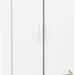 A tall, white, double-door laboratory refrigerator with a digital display panel at the top, labeled ABS American BioTech Supply. The unit has ventilation grilles at the bottom, handles on both doors, and stands on small wheels.