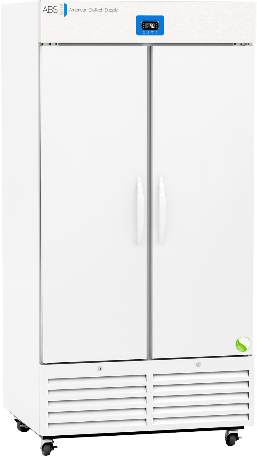 A tall, white, double-door laboratory refrigerator with a digital display panel at the top, labeled ABS American BioTech Supply. The unit has ventilation grilles at the bottom, handles on both doors, and stands on small wheels.
