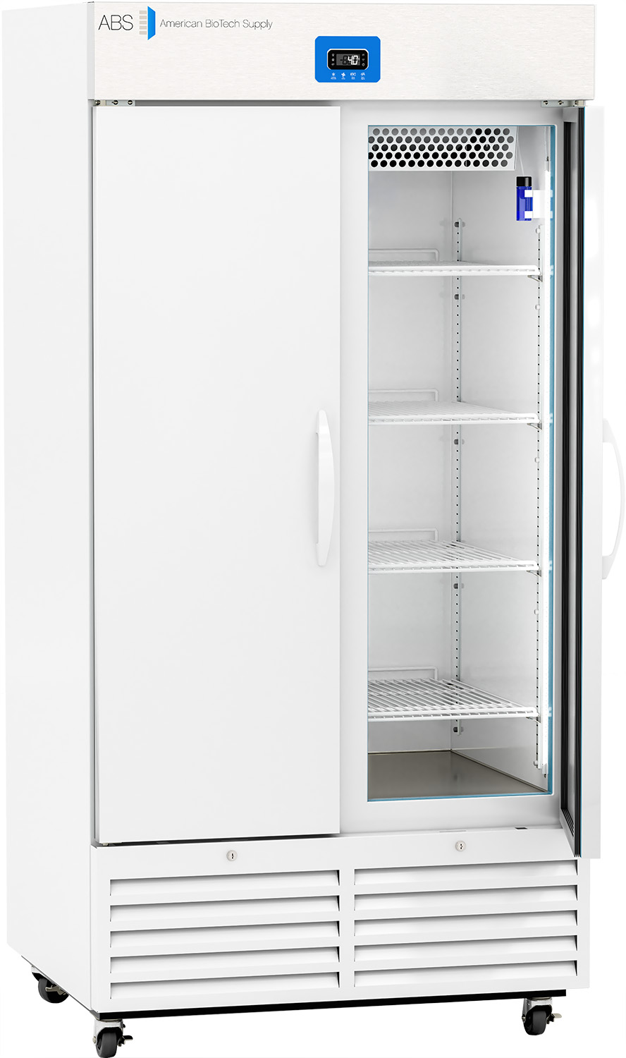 A tall, white, double-door laboratory refrigerator by American BioTech Supply. The right door is glass, showing five empty wire shelves inside. The left door is solid. A digital temperature display is above the doors. The unit has ventilation grilles and wheels.