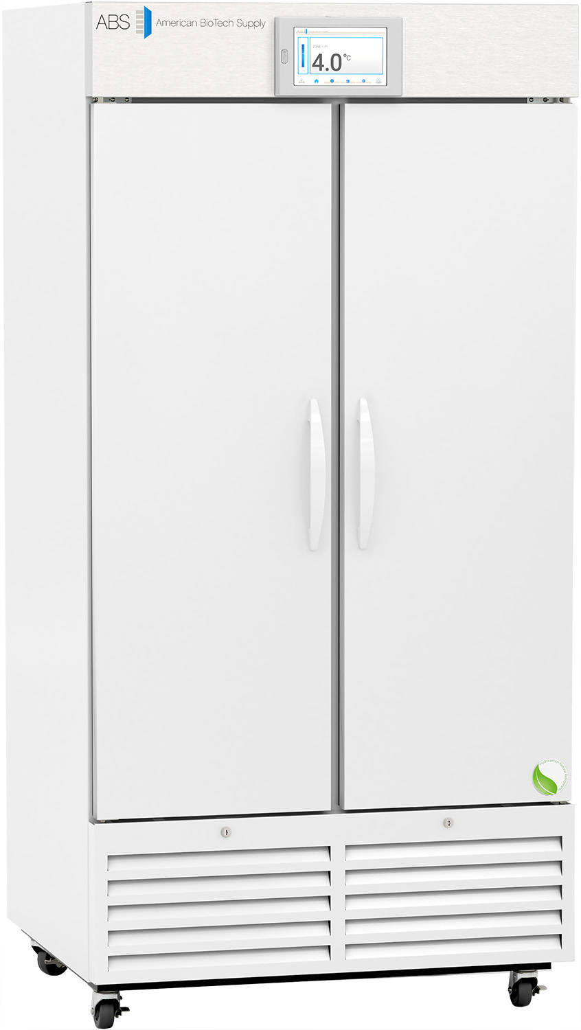 A large, white, double-door laboratory refrigerator with handles in the center, a digital temperature display showing 4.0°C, and ventilation slats at the bottom. The ABS American BioTech Supply logo is on the top left corner. Wheels are visible at the bottom.