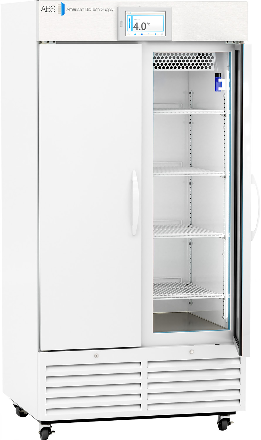 A tall, white lab refrigerator with a glass door on the right showing empty wire shelves, a digital temperature display reading 4.0°C, and ventilation grills at the bottom. The left door is solid and closed; the unit is on wheels.