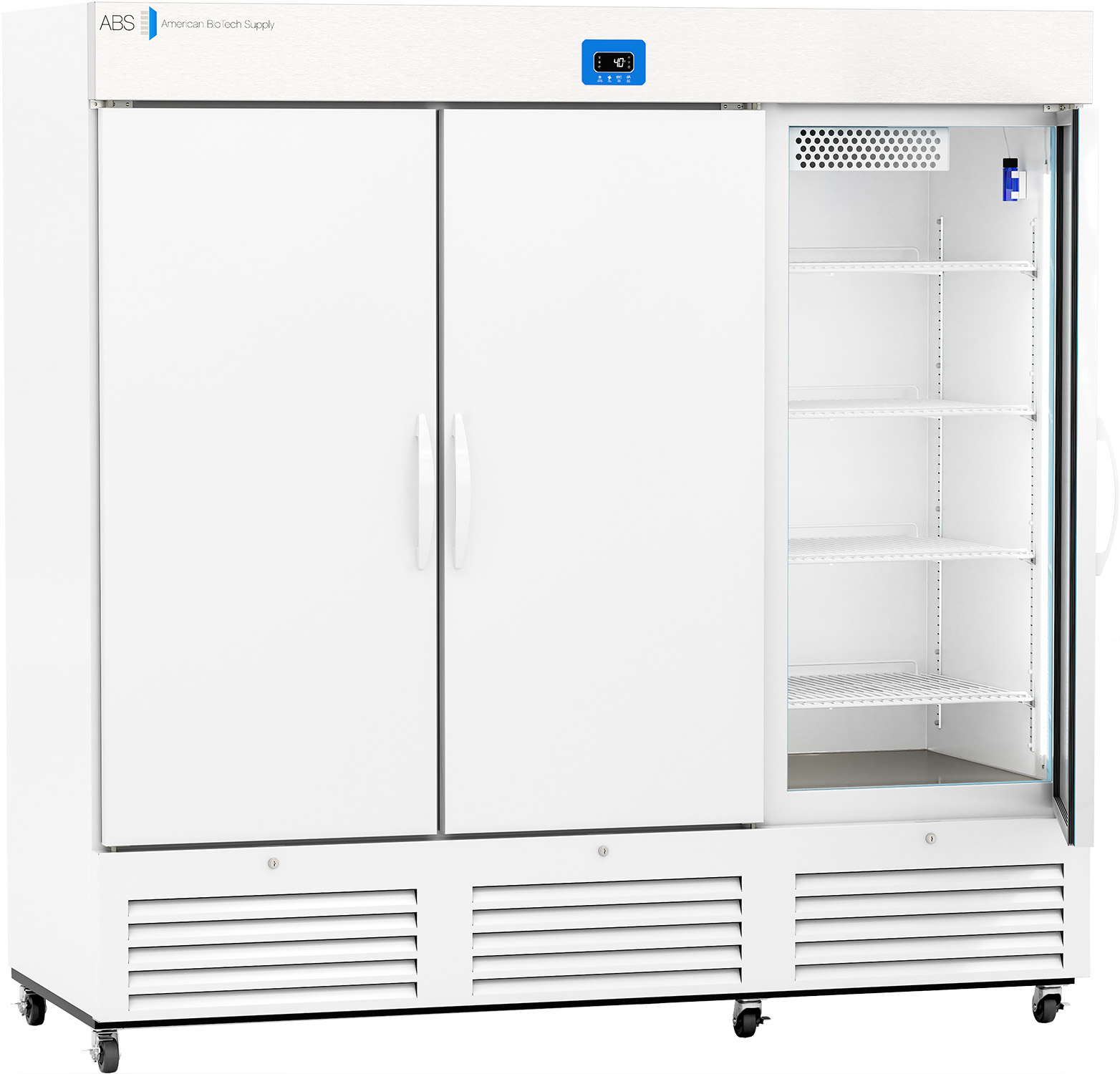 A large, white, commercial refrigerator with three doors; the right door is open, revealing five empty wire shelves. The fridge has a digital control panel at the top center and is mounted on rolling casters. The brand ABS is visible on the upper left.