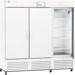 A large white laboratory refrigerator with three doors; the left two are closed, and the right one is open, revealing five empty shelves inside. A digital display above the doors shows 4.0°C. The unit is on wheels and labeled “ABS” at the top left.