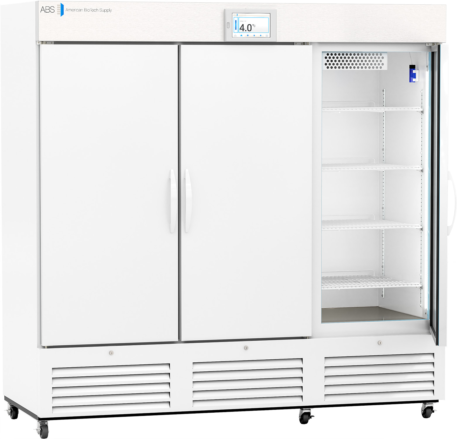 A large white laboratory refrigerator with three doors; the left two are closed, and the right one is open, revealing five empty shelves inside. A digital display above the doors shows 4.0°C. The unit is on wheels and labeled “ABS” at the top left.
