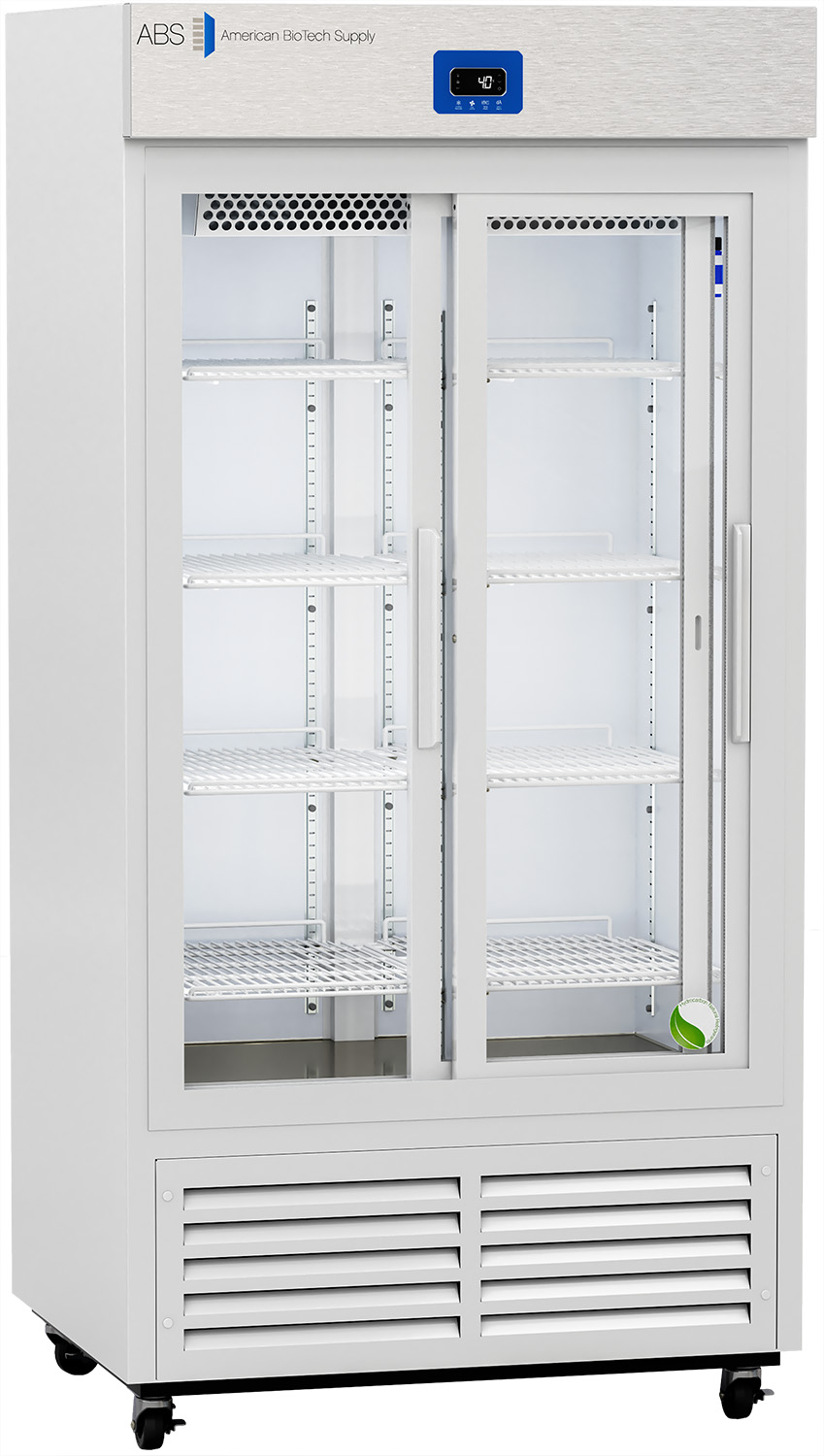 A white, upright laboratory refrigerator with glass double doors, digital display, multiple interior shelves, and ventilation at the bottom. The unit is on wheels and labeled “ABS American BioTech Supply” at the top. The inside appears empty and well-lit.