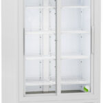 A tall, white, upright laboratory refrigerator with glass sliding doors, multiple adjustable shelves, a digital temperature display reading 4.0°C, and the American Biotech Supply logo at the top left corner. The fridge stands on caster wheels.