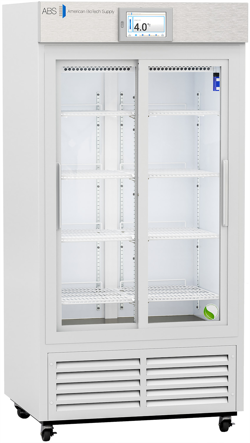 A tall, white, upright laboratory refrigerator with glass sliding doors, multiple adjustable shelves, a digital temperature display reading 4.0°C, and the American Biotech Supply logo at the top left corner. The fridge stands on caster wheels.