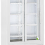 A tall, white laboratory refrigerator with glass sliding doors, adjustable wire shelves, a digital temperature display reading 4.0°C, and ventilation slats at the bottom. The unit is on wheels for mobility and has a brushed metal top panel labeled “ABS American BioTech Supply.”
