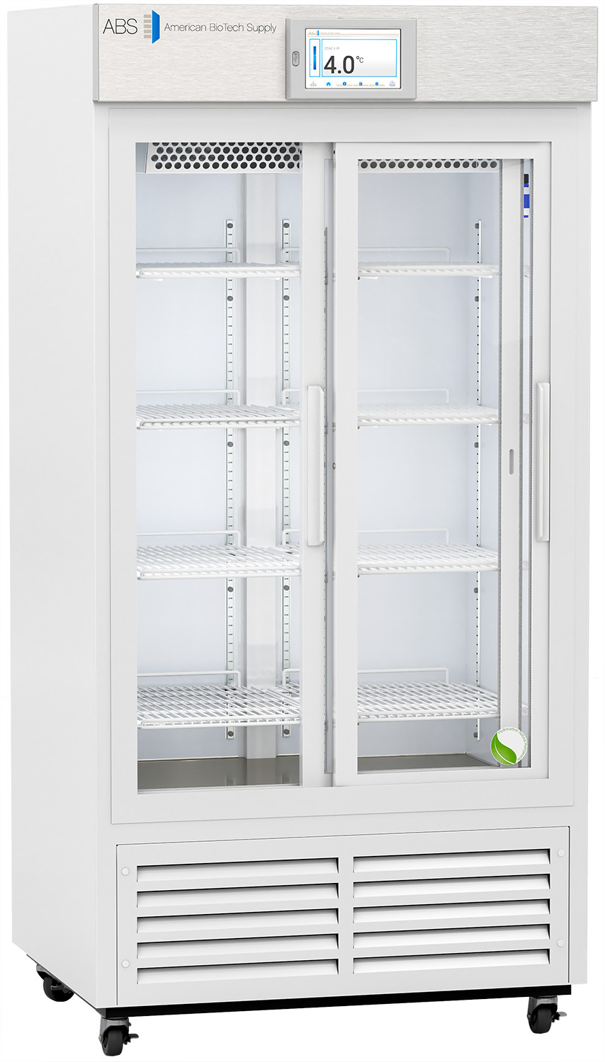 A tall, white laboratory refrigerator with glass sliding doors, adjustable wire shelves, a digital temperature display reading 4.0°C, and ventilation slats at the bottom. The unit is on wheels for mobility and has a brushed metal top panel labeled “ABS American BioTech Supply.”