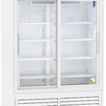White commercial refrigerator with glass sliding doors, four wire shelves inside, a digital temperature display at the top, and ventilation grilles at the bottom. The unit is on wheels and labeled “American BioTech Supply” in the top left corner.