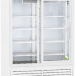 A large white laboratory refrigerator with sliding glass doors, five adjustable wire shelves, and digital temperature display. The fridge is empty and stands on wheels; brand label “American BioTech Supply” is at the top left corner.