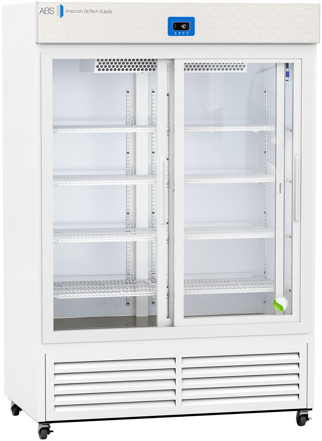 A large white laboratory refrigerator with sliding glass doors, five adjustable wire shelves, and digital temperature display. The fridge is empty and stands on wheels; brand label “American BioTech Supply” is at the top left corner.