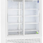A large, white double-door laboratory refrigerator with glass sliding doors, empty wire shelves, a digital temperature display showing 4.0°C, and vented panels at the bottom. The unit is on wheels and has the ABS American Biotech Supply logo on top.