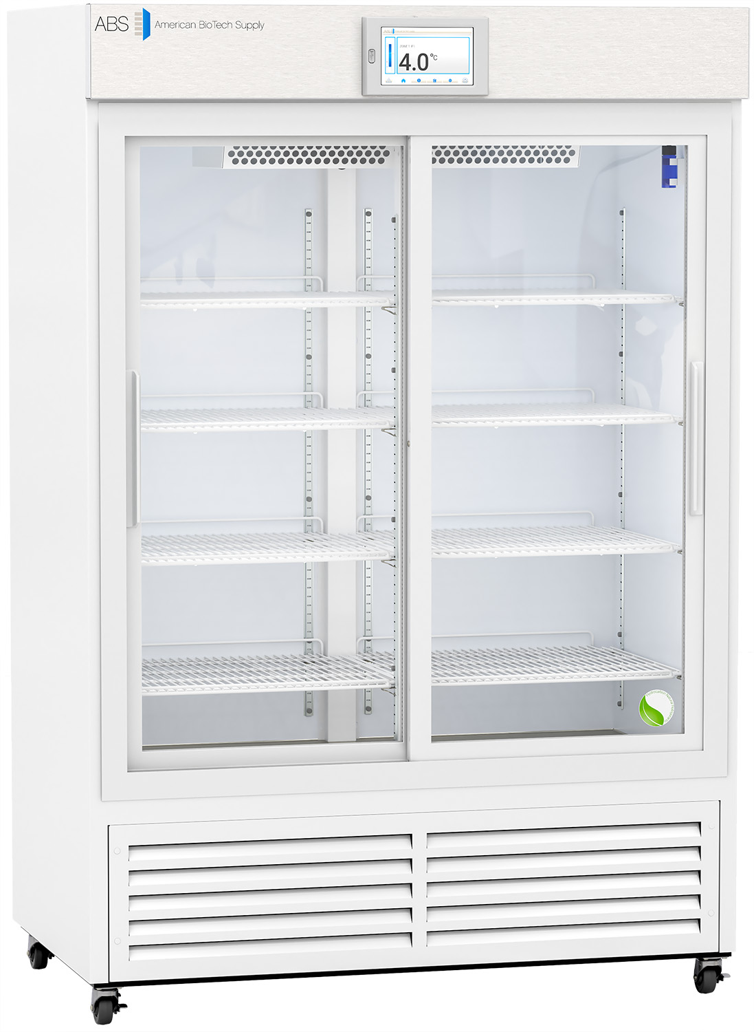 A large, white double-door laboratory refrigerator with glass sliding doors, empty wire shelves, a digital temperature display showing 4.0°C, and vented panels at the bottom. The unit is on wheels and has the ABS American Biotech Supply logo on top.