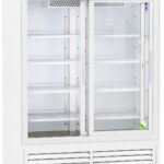 A large, white laboratory refrigerator with glass sliding doors, digital temperature display showing 4.0°C, multiple empty wire shelves inside, and vents at the bottom. The unit sits on caster wheels and is spotless and well-lit.