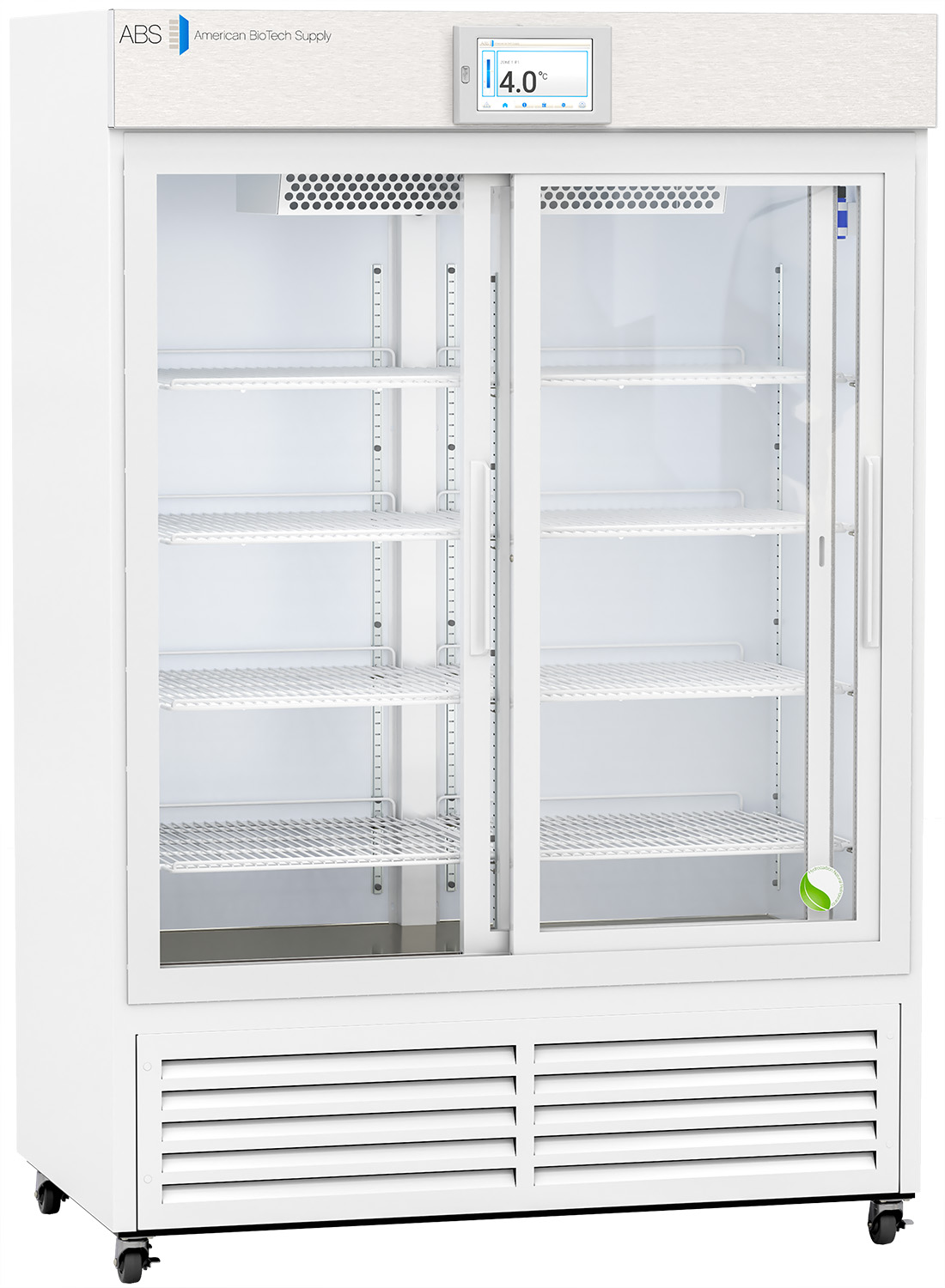 A large, white laboratory refrigerator with glass sliding doors, digital temperature display showing 4.0°C, multiple empty wire shelves inside, and vents at the bottom. The unit sits on caster wheels and is spotless and well-lit.