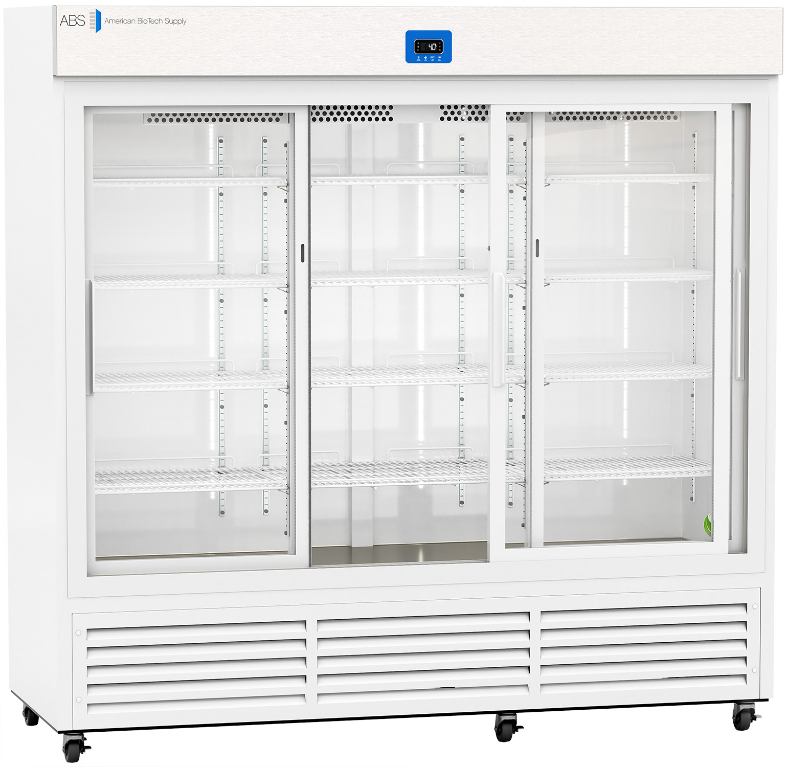 Large, white commercial refrigerator with three sliding glass doors and multiple adjustable wire shelves inside. The unit has ventilation grilles at the bottom, a digital display at the top center, and is empty with a clean, modern design.