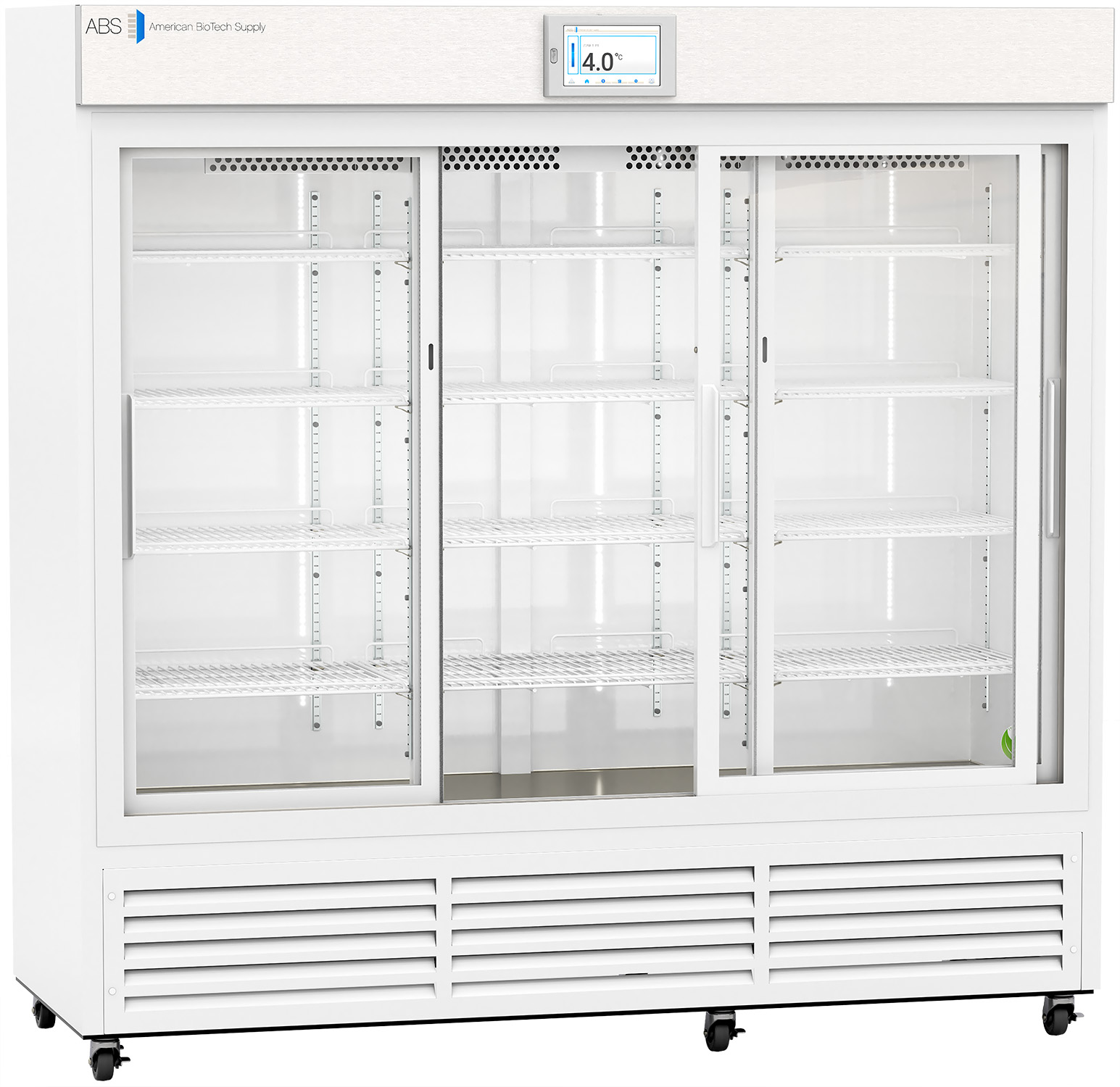 A large, white, commercial display refrigerator with three sliding glass doors, empty wire shelves inside, and a digital temperature display reading 4.0°C at the top center. Vents are located along the bottom front panel.