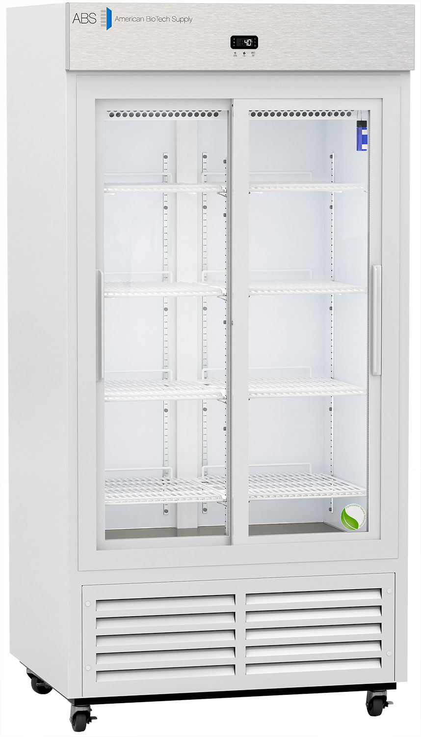 A tall, white commercial refrigerator with sliding glass doors, five adjustable wire shelves, an electronic control panel at the top, and ventilation grilles at the bottom. The interior is lit, and the exterior has casters for mobility.