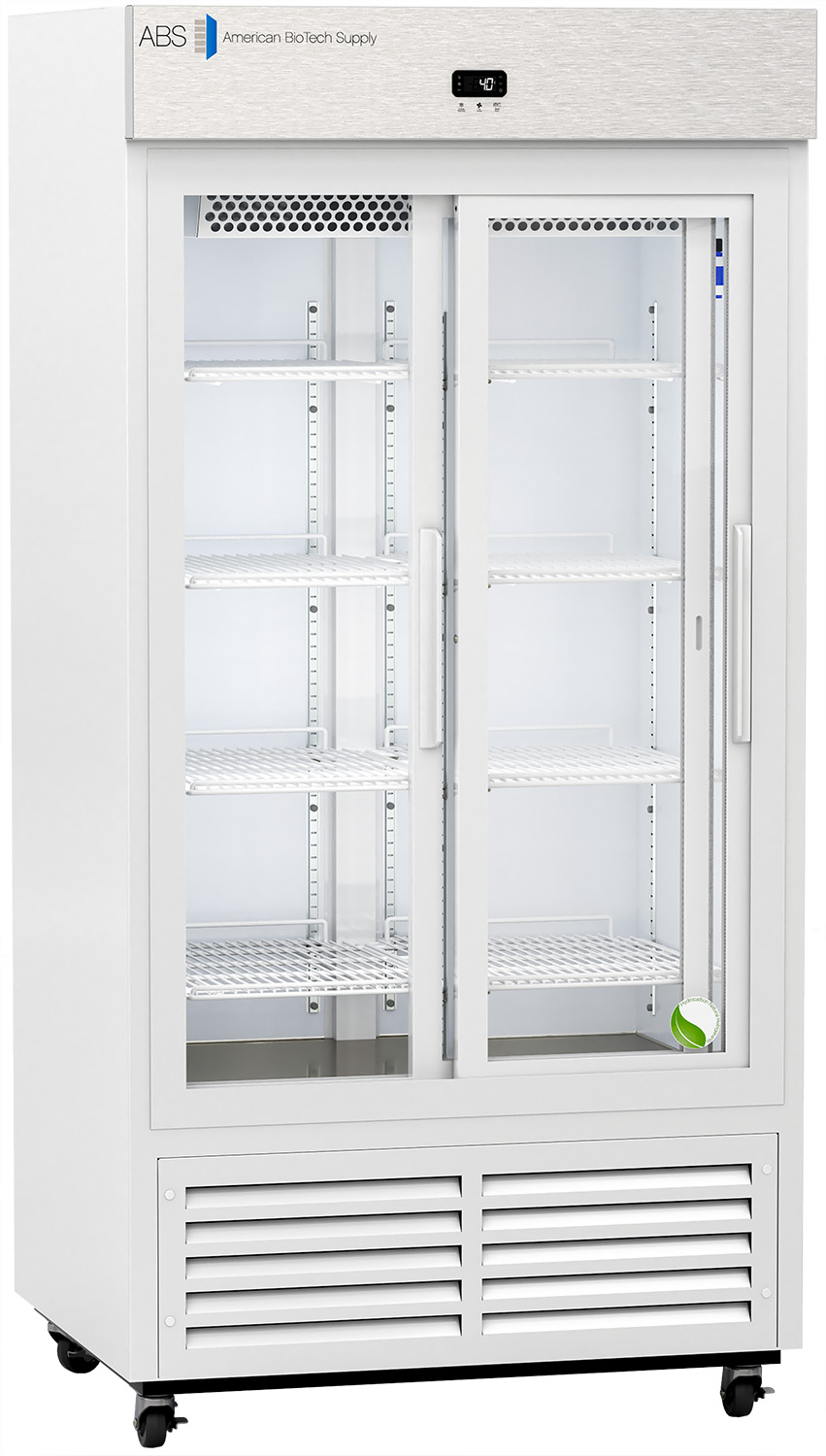 A large, white, upright laboratory refrigerator with glass sliding doors, multiple adjustable wire shelves, a digital display panel on top, and vents at the bottom. The unit is empty and stands on casters for mobility.