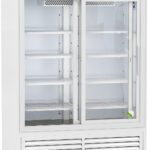 A large, white, upright medical refrigerator with two clear glass sliding doors, five adjustable wire shelves, a digital temperature display, and ventilation at the bottom. The unit is on wheels and has a label reading American BioTech Supply on the top front panel.