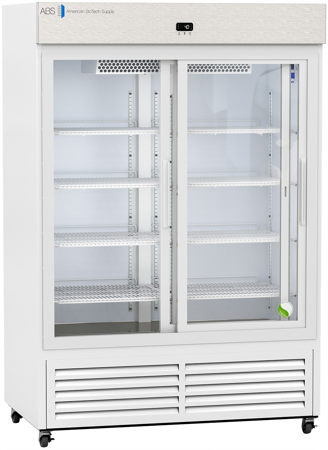 A large, white, upright medical refrigerator with two clear glass sliding doors, five adjustable wire shelves, a digital temperature display, and ventilation at the bottom. The unit is on wheels and has a label reading American BioTech Supply on the top front panel.