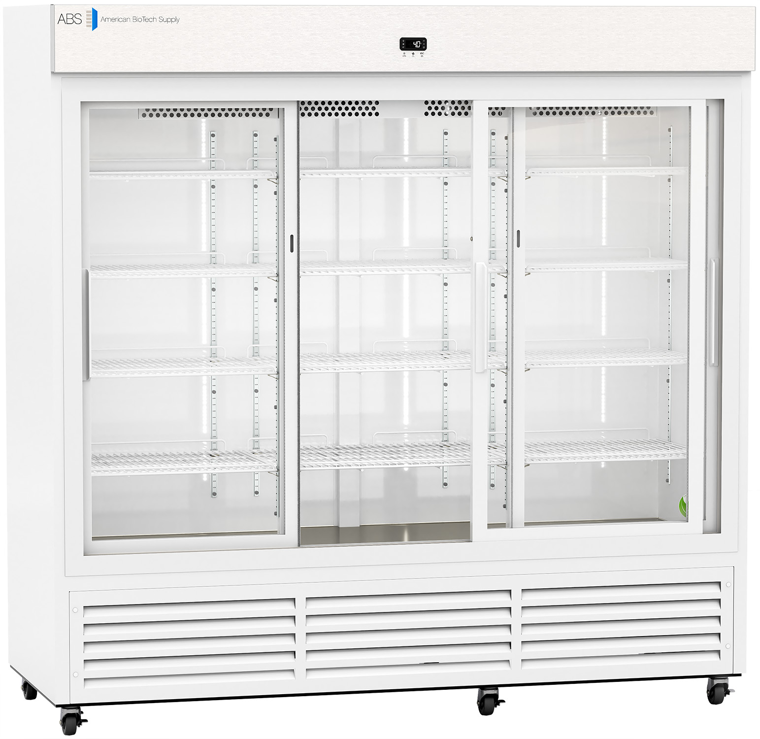 A large, commercial, glass-door refrigerator with three sliding doors and multiple adjustable wire shelves inside. The fridge is white, has a vented bottom panel, and is empty, with a digital display at the top center.