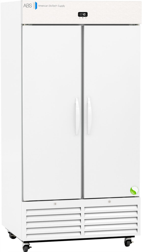 A tall, white, double-door commercial refrigerator with vertical handles, digital display panel on top, air vents at the bottom, and small wheels. The logo ABS American BioTech Supply is visible on the upper left corner.