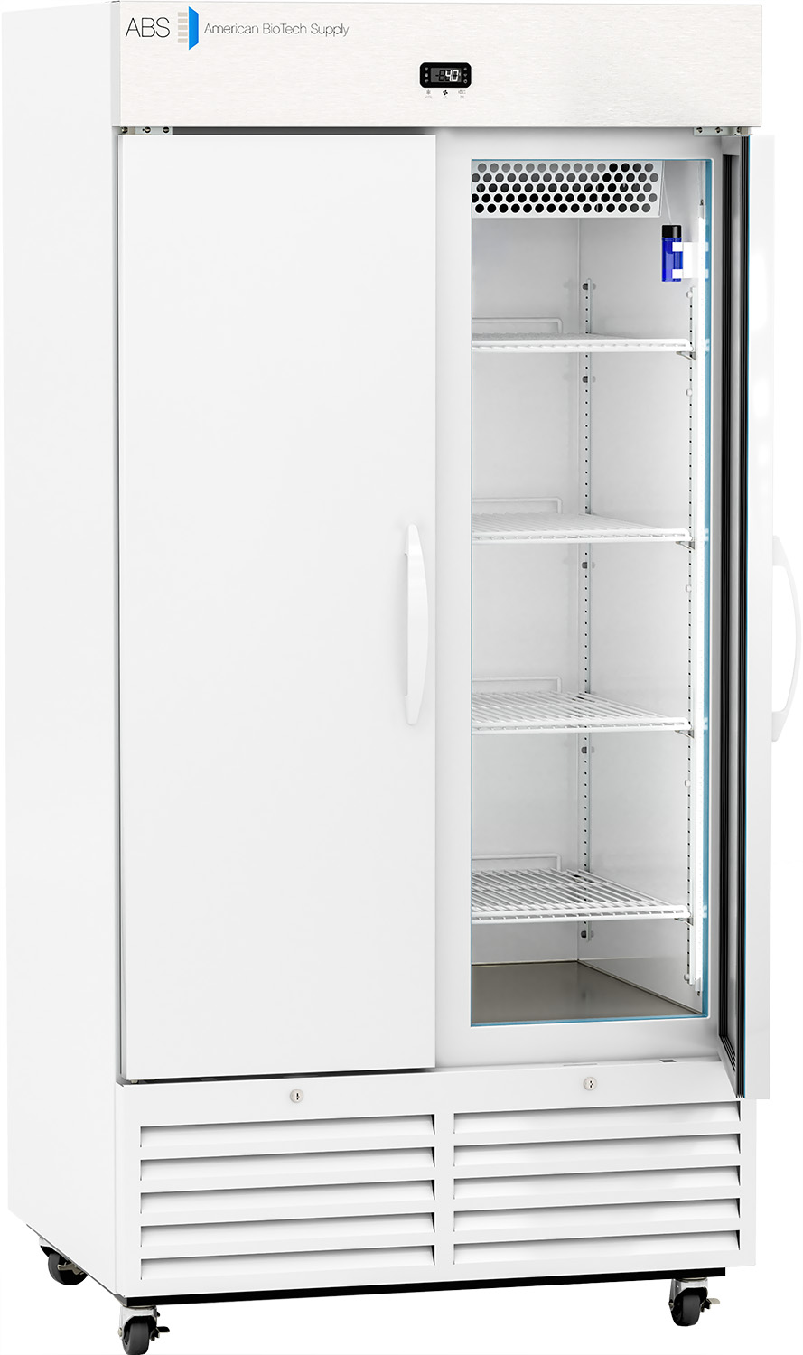 A large, white laboratory refrigerator labeled ABS American BioTech Supply with one solid door and one glass door. The glass door is open, revealing empty wire shelves and vents inside. The unit stands on wheels for mobility.