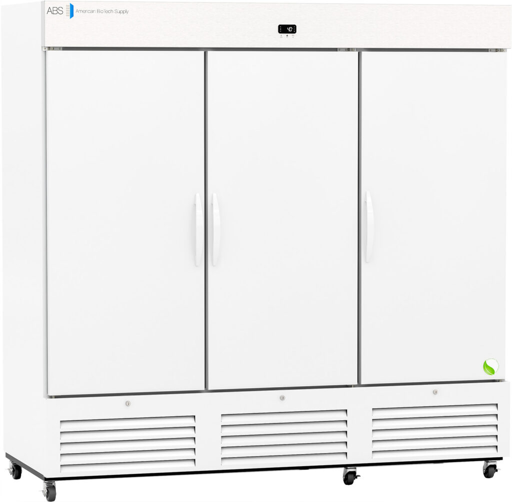 A large, white commercial refrigerator with three doors, vertical handles, and vented panels at the bottom, standing on wheels. The top section displays a digital temperature screen and a brand logo in the left corner.