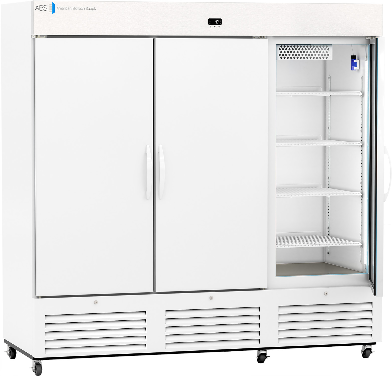 A large, white commercial refrigerator with two closed doors on the left and one open door on the right, revealing multiple adjustable wire shelves inside. The unit has ventilation grilles at the bottom and sits on wheels.