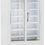 A tall, white commercial refrigerator with glass sliding doors, labeled “Med Fridge.” It has multiple adjustable wire shelves inside, a digital display at the top, and ventilation slots at the bottom. The unit is on wheels for easy movement.