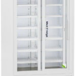 A white, double-door medical refrigerator on wheels with glass sliding doors, multiple adjustable wire shelves, a digital temperature display at the top, and Med-Fridge labeled vertically on the right door. The unit appears empty.